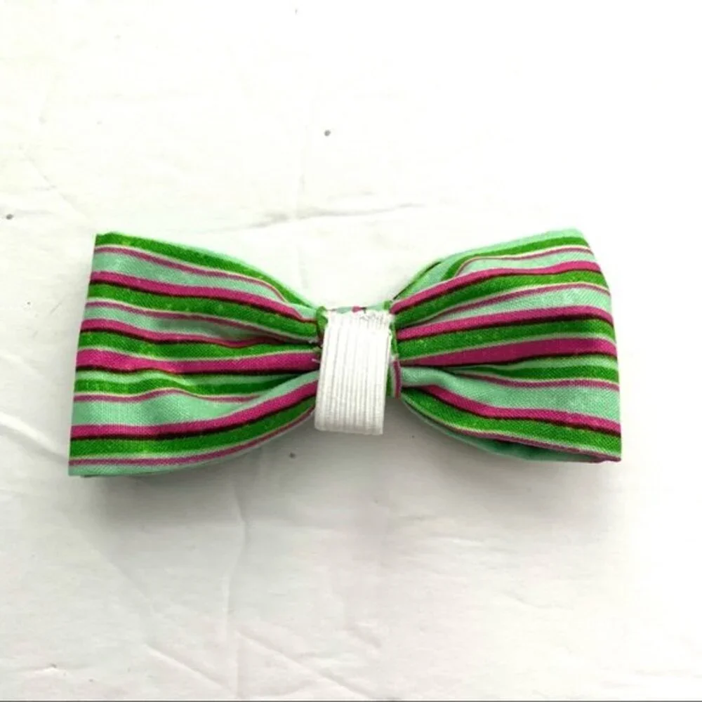 Handmade 1 Dog Bow for Collar Green & Pink Stripe Pattern 4 x 2 inches